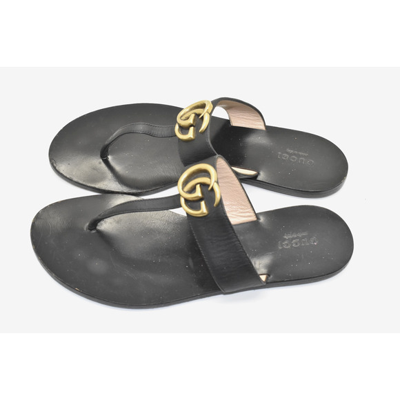 E0 Auth GUCCI Marmont Black Leather Golden GG Thong Slide Sandal Shoes Size 37.5 - Picture 2 of 7